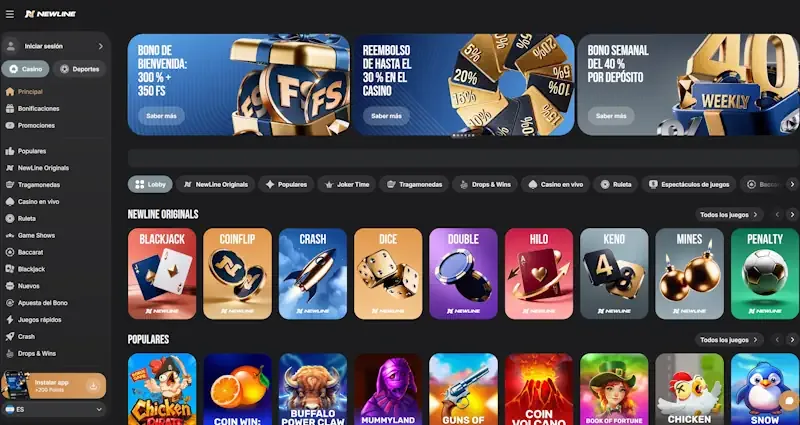 NewLine casino — lobby con 70 proveedores y foco en juegos rápidos